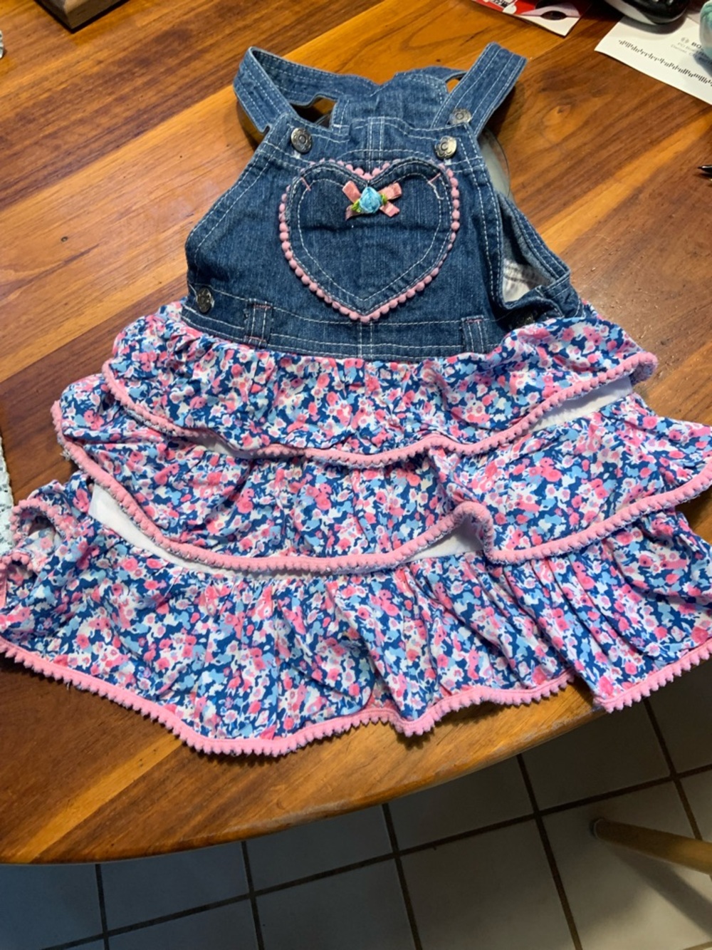 Denim Heart Overall Dress with Pink Floral Ruffles
